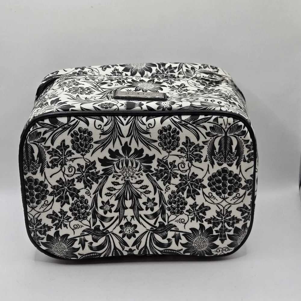 Bella Russo Makeup Bag Black & White Floral Design Zipper Closure Top Handle